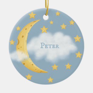 Moon Stars & Fluffy Cloud Blue Baby Keepake Keramik Ornament