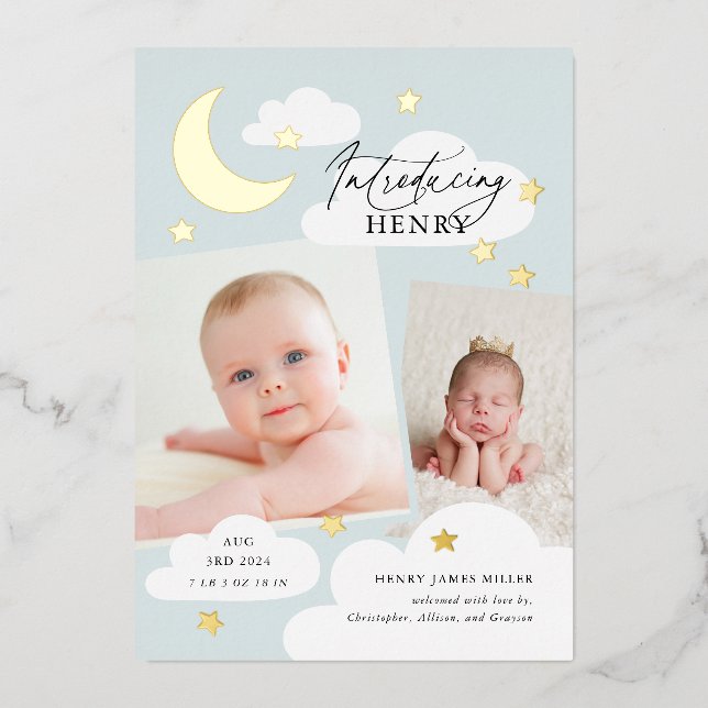 Moon Stars Foto Collage Blue Birth Ankündigung (Vorderseite)