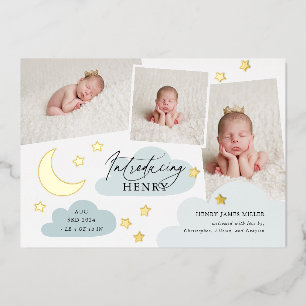 Moon & Stars Foto Collage Blue Geburtserklärung Folieneinladung