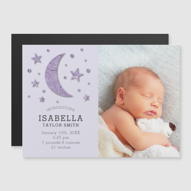 Moon Stars Lavender Baby Foto Geburtserklärung Magneteinladung (Vorne/Hinten)