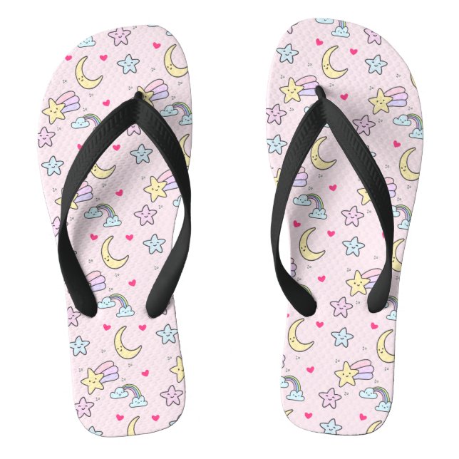 Moon, Stars und Wolken Muster auf Pastellrosa Flip Flops (Fußbett)