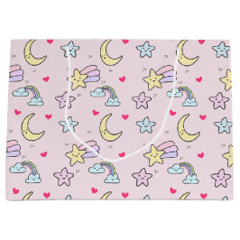 Moon, Stars und Wolken Muster auf Pastellrosa Große Geschenktüte