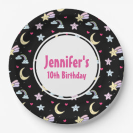 Moon, Stars und Wolkenmuster auf dem Schwarzen Geb Pappteller