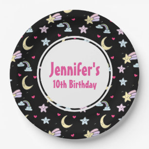 Moon, Stars und Wolkenmuster auf dem Schwarzen Geb Pappteller