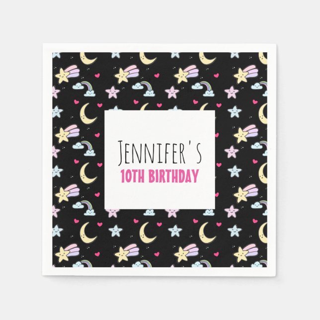 Moon, Stars und Wolkenmuster auf dem Schwarzen Geb Serviette (Vorderseite)