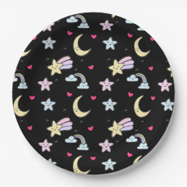 Moon, Stars und Wolkenmuster auf schwarz Pappteller