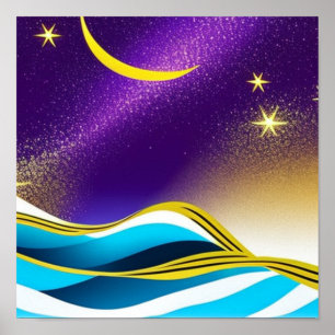 Moon Stars Waves Poster