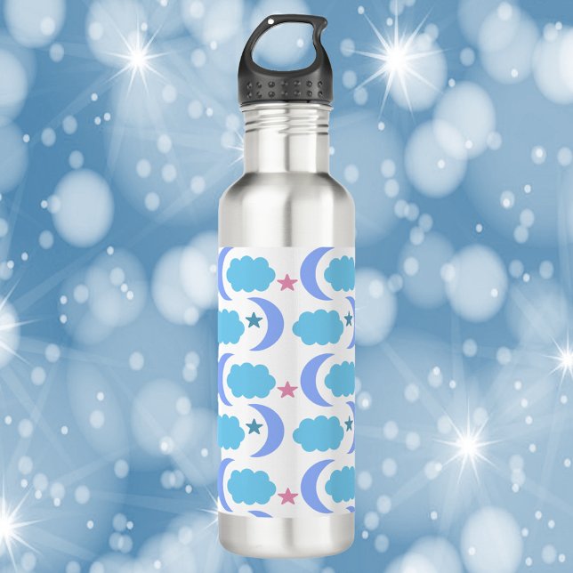 Moon Stars Wolken Lila blaues Muster Edelstahlflasche (A water bottle with a pattern of moon, stars and clouds in purple, blue and pink!)
