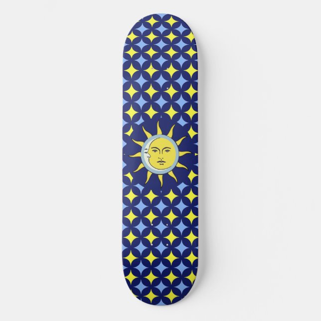 Moon & Sun auf Blue & Yellow Star-Muster Skateboard (Vorderseite)