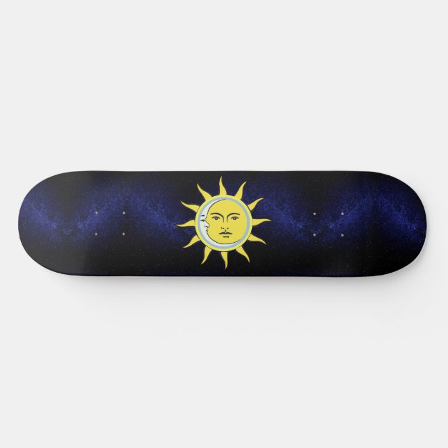 Moon & Sun Convernation on Navy Blue Galaxy Skateb Skateboard (Horizontal)