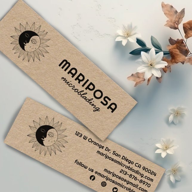 Moon & Sun Elegant Esthetician Beauty Salon Kraft Mini Visitenkarte (Sweet moon and sun illustration on these custom kraft paper business cards. Social media icons too!)