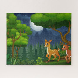 Moon Trees Deer Family im Nachtwald Puzzle
