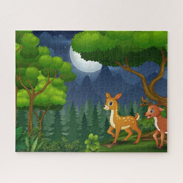 Moon Trees Deer Family im Nachtwald Puzzle (Horizontal)