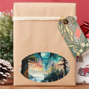 Moon über einer Ocean Bay-Adresse Ovaler Aufkleber