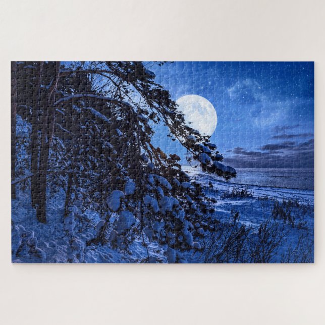 Moon über schneebedeckten Tannenbaum und Meeresküs Puzzle (Horizontal)