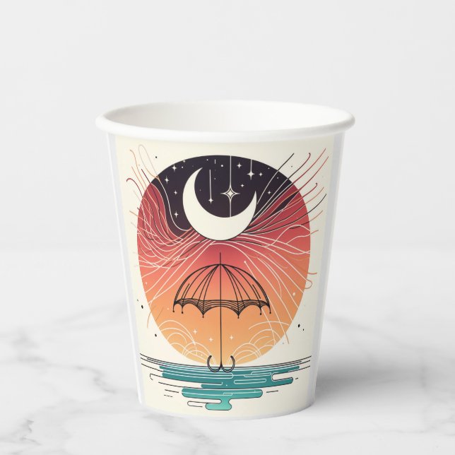 Moon & Umbrella Surreal Boho Line Pappbecher (Vorderseite)