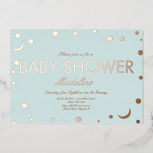 Moon und Dots Confetti Babydusche gepresst Folieneinladung (Vorderseite)