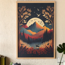 Moon und farbenfrohe Berge mit Wiese Ai Art Poster