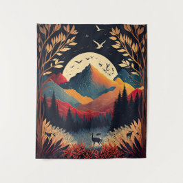 Moon und farbenfrohe Bergwelt Tapisserie Wandteppich