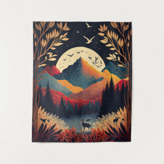 Moon und farbenfrohe Bergwelt Tapisserie Wandteppich