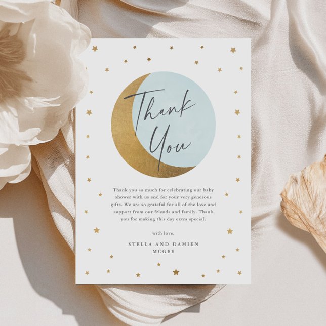 Moon und Sterne Babydusche Dankeskarte (Elegant Gold Moon and Stars Script Blue Baby Shower Thank You Card.)