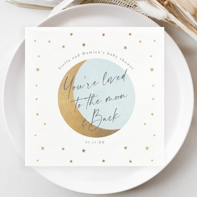 Moon und Sterne Babydusche Serviette (Elegant Gold Moon and Stars Script Blue Boys Baby Shower Napkin.)