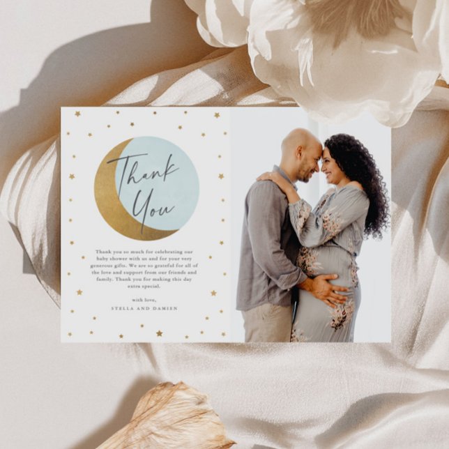 Moon und Sterne Foto Babydusche Dankeskarte (Gold Moon and Stars Blue Boys Baby Shower Photo Thank You Card.)