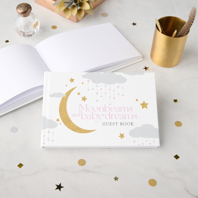 Moonbeams and baby dreams pink baby shower  gästebuch (Vorderseite Offen)