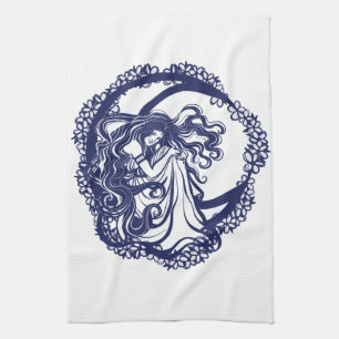 MoonChild Blue Floral Moon Goddess Art Moon Kind Geschirrtuch