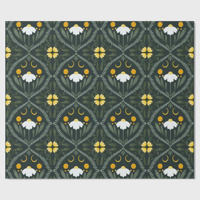 Moonflower Grid | Dunkles Waldgrün  Geschenkpapier (Flach)