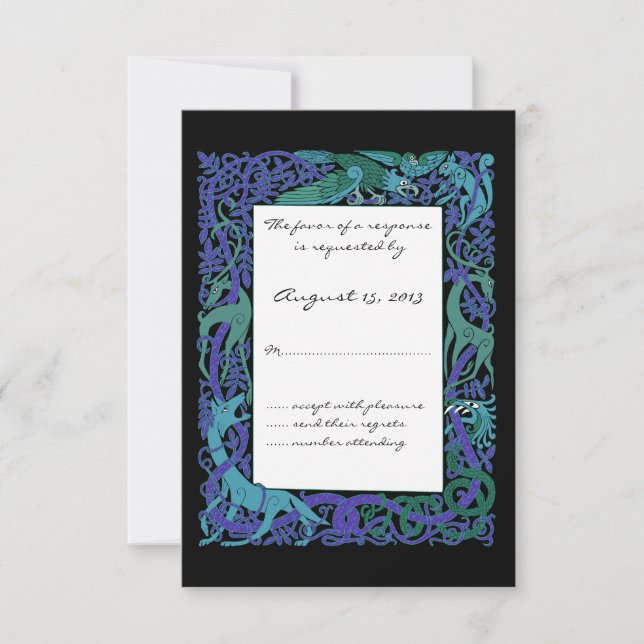 Moonlight Blue Celtic Animals Design Wedding RSVP Karte (Vorderseite)