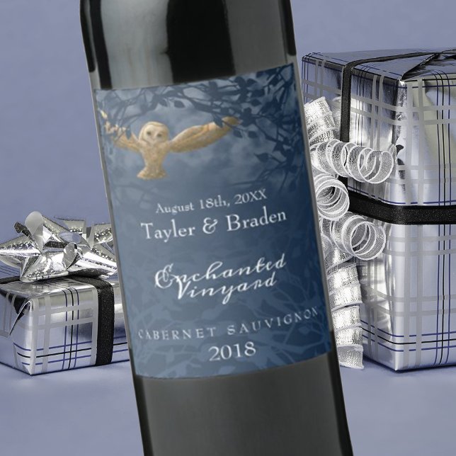 Moonlight Blue, Owl, Forest Food Wine Label Weinetikett (company Christmas logo wine labels, corporate holiday stickers, flying owl in flight, nighttime)