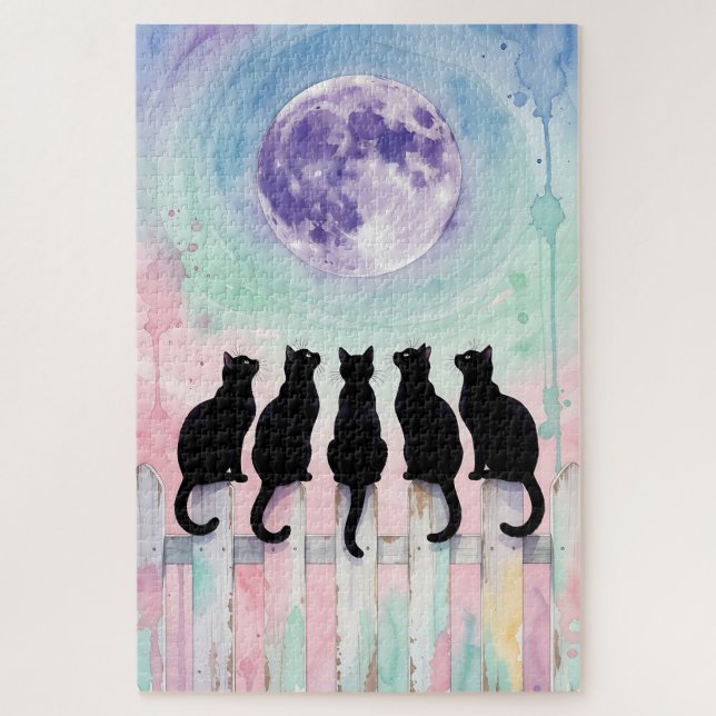 Moonlight Cats Puzzle – Five Black Cats Watercolor (Vertikal)