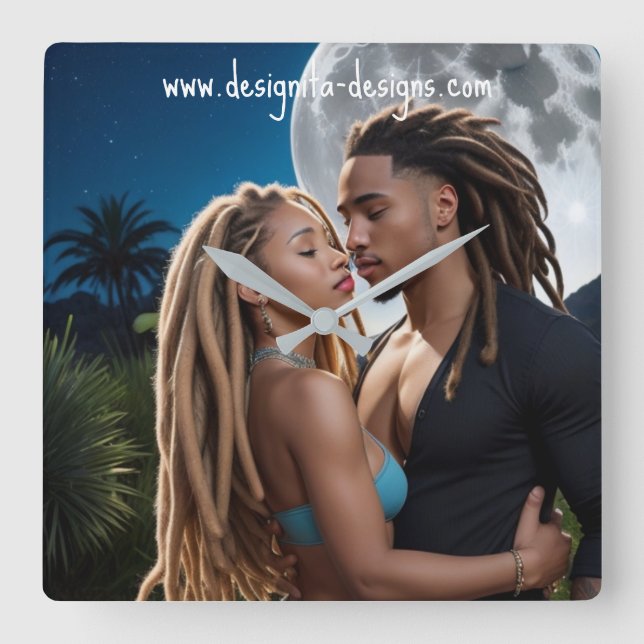 Moonlight Couple  – Romantic Digital Art  Quadratische Wanduhr (Vorderseite)