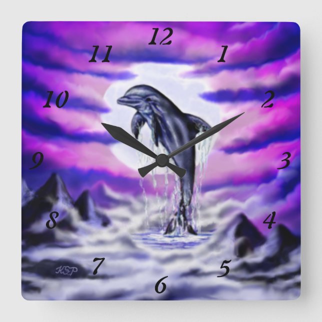 Moonlight Dolphin Quadratische Wanduhr (Vorderseite)