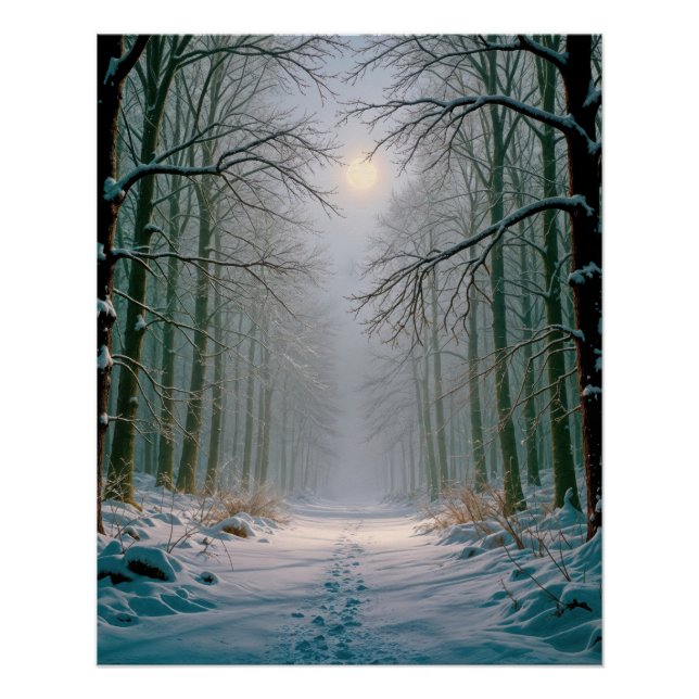 Moonlight Footprints In a Snowy Forest Poster (Vorderseite)