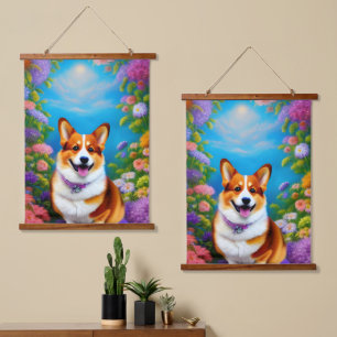 Moonlight Garden Corgi Dog Wandteppich Mit Holzrahmen