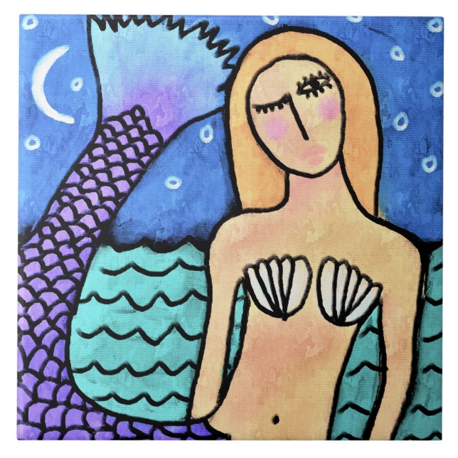 Moonlight Mermaid Abstrakte digitale Malerei Fliese (Vorderseite)