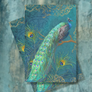 Moonlight Peacock n Feathers Aquamarine Gold Decou Seidenpapier