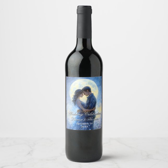 Moonlight Wedding Celestis Liebe Night Sky Thema Weinetikett (Vorderseite)