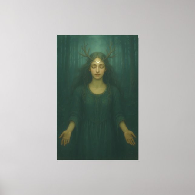 Moonlit Antler Priestess II – Forest Mystic Goddes Leinwanddruck (Vorderseite)