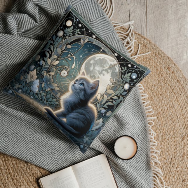 Moonlit Art Nouveau Kitten Under Celestie Sky Kissen (This cute kitten pillow is going to take you to the moon)