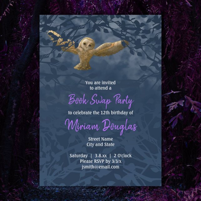 Moonlit Barn Owl, Midnight Blue Forest Card Einladung (blue purple forest magical fantasy owl in flight girls birthday )