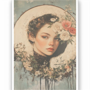 Moonlit Beauty - Frau mit Blume und Vollmond Aufkleber