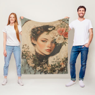 Moonlit Beauty - Frau mit Blume und Vollmond Fleecedecke