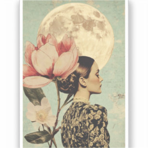 Moonlit Beauty - Frau mit rosa Blume und Mond Aufkleber