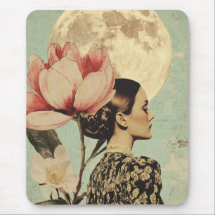Moonlit Beauty - Frau mit rosa Blume und Mond Mousepad