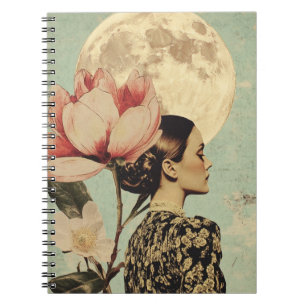 Moonlit Beauty - Frau mit rosa Blume und Mond Notizblock