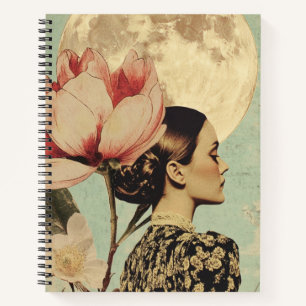 Moonlit Beauty - Frau mit rosa Blume und Mond Notizbuch