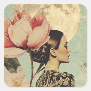 Moonlit Beauty - Frau mit rosa Blume und Mond Quadratischer Aufkleber